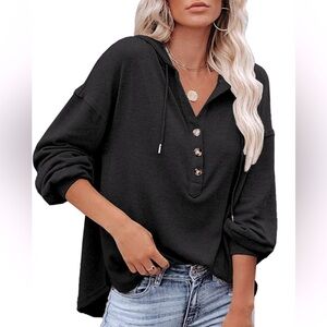 NWT LuckyMore Black Long Sleeve Hoodie V Neck Button Pullover Tunic Top, Large